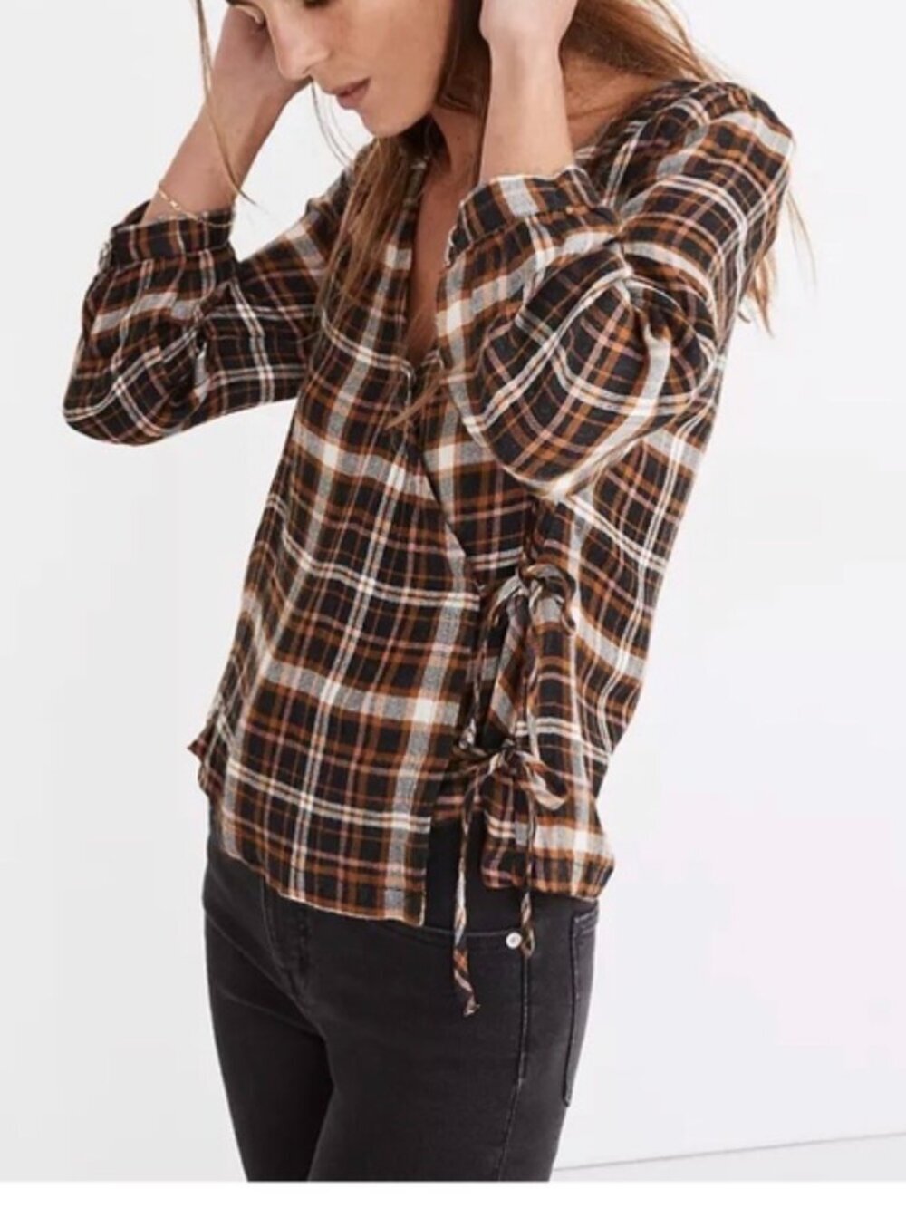 Madewell Plaid Gauze Double Tie Wrap Top Brown Orange Checker Size XS